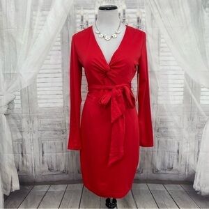 LDT Solid Red Knot Front Plunge V-Neck Long Sleeve Jersey Dress Belted Sexy NEW